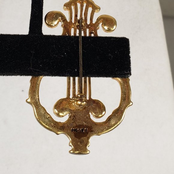 Monet Signed Vintage Ancient Harp Golden Brooch Pin Gold Tone and Rhinestones - Picture 8 of 11